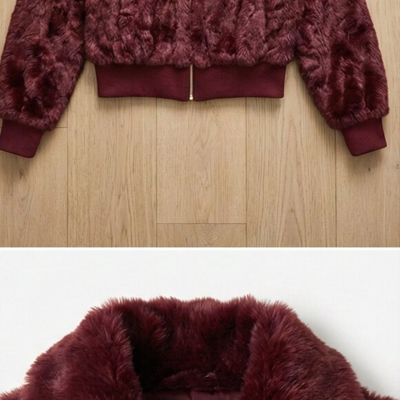 Express Burgundy Faux Fur Ring Zip Bomber Jacket XS - Picture 2 of 3